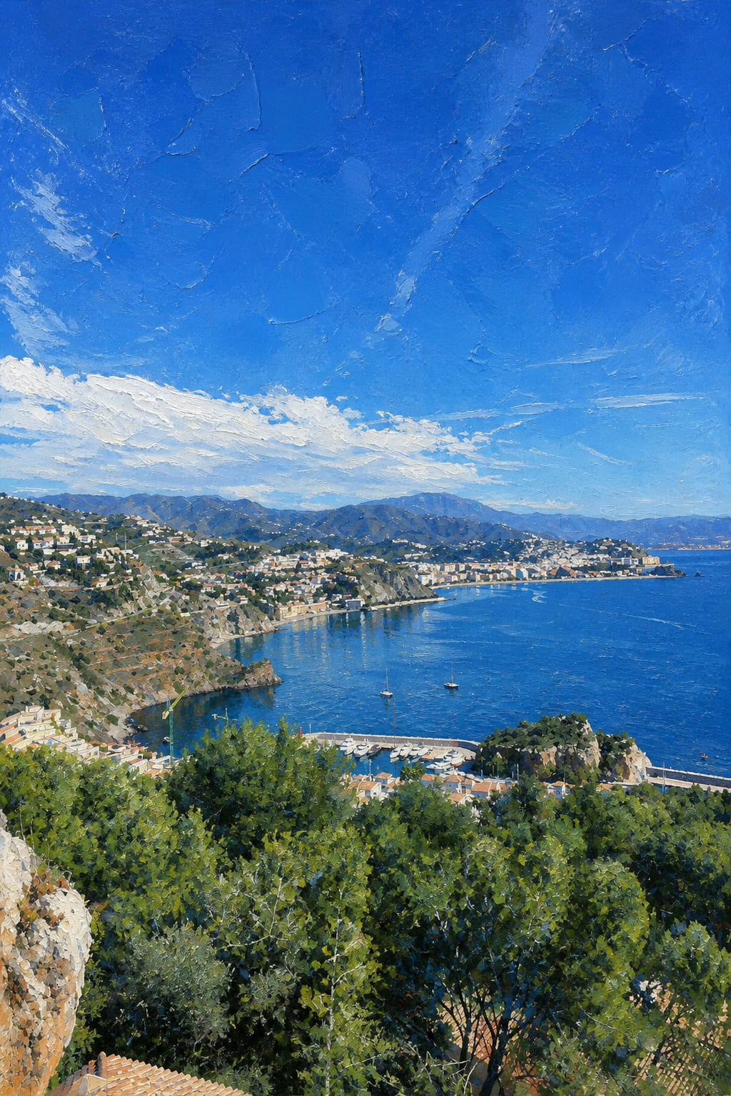 Impressionist painting of a Mediterranean bay with a harbour and hills behind