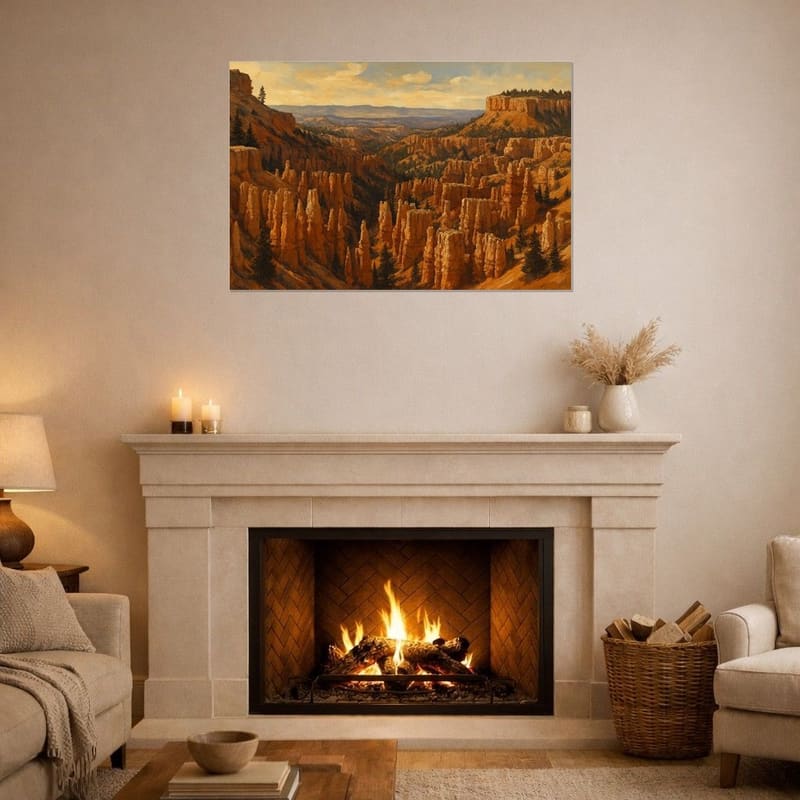 Canyon Hoodoos print hanging as a large canvas above a lit fireplace.