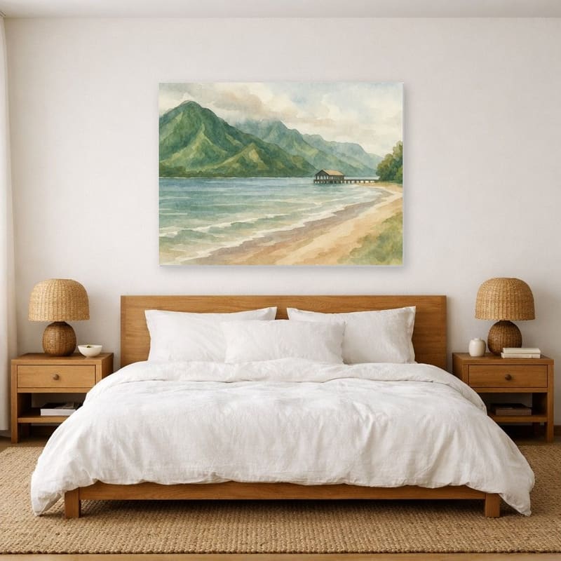 Hanalei Bay watercolor print hanging as a canvas above a bed.