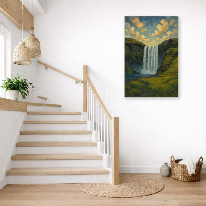 Highland Falls print hanging as a tall canvas on a staircase wall.