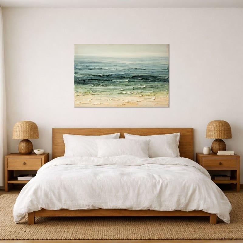 Patina Shore abstract hanging as a canvas above a bed.