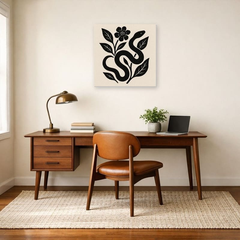 Serpent & Bloom print hanging as a canvas above a desk in a home office.