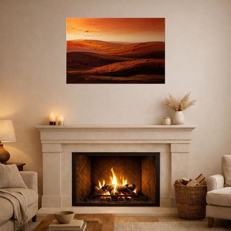 Terracotta Dusk abstract hanging as a large canvas above a lit fireplace.