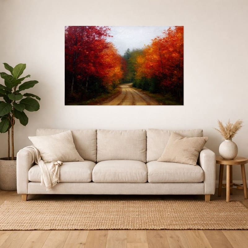 Vermont Autumn Road print hanging as a large canvas above a linen sofa.