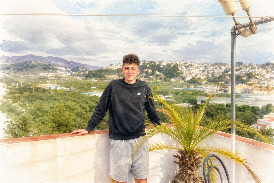 Watercolor painting of a man on a rooftop terrace with hills and town behind