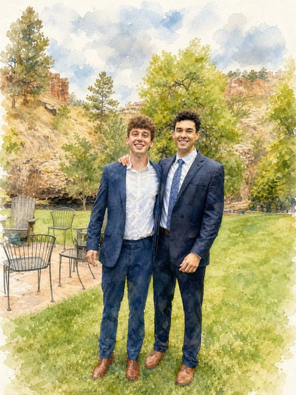 Watercolor painting of two men in suits on a lawn below a red-rock canyon